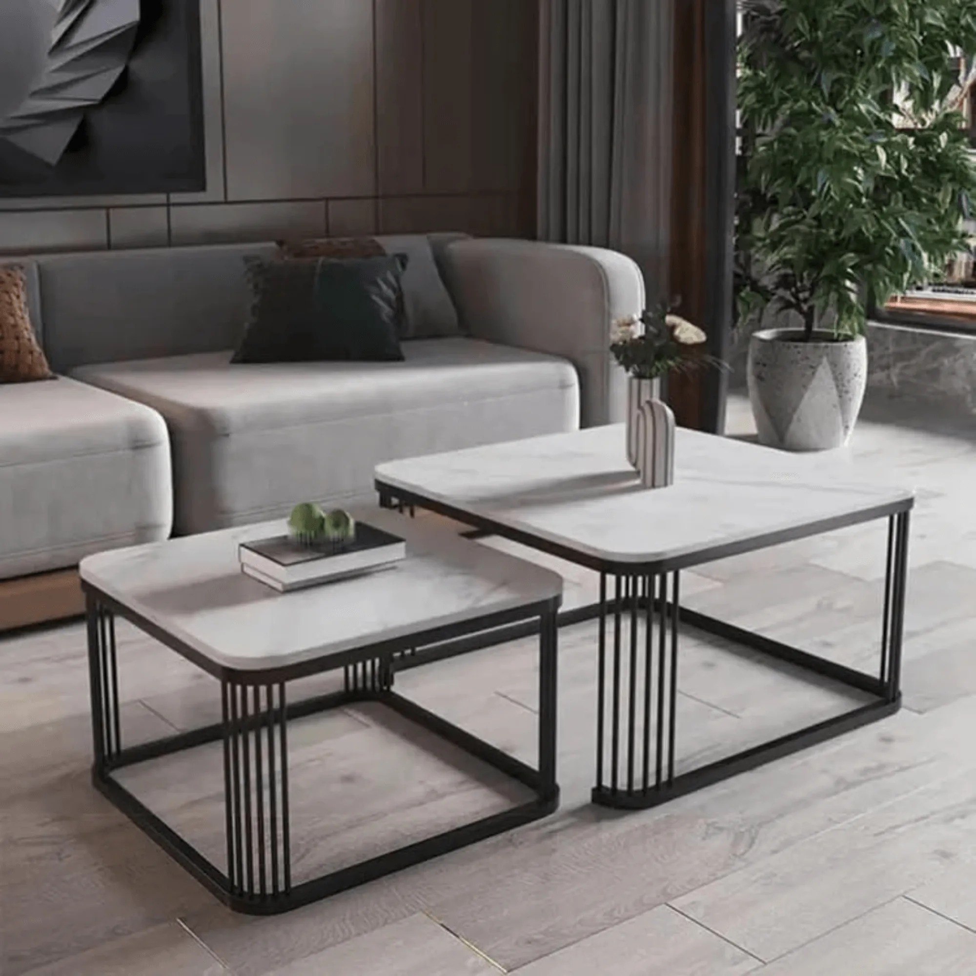 Wooden Twist Stylish Look Square Wrought Iron Coffee Table ( Set of 2 )