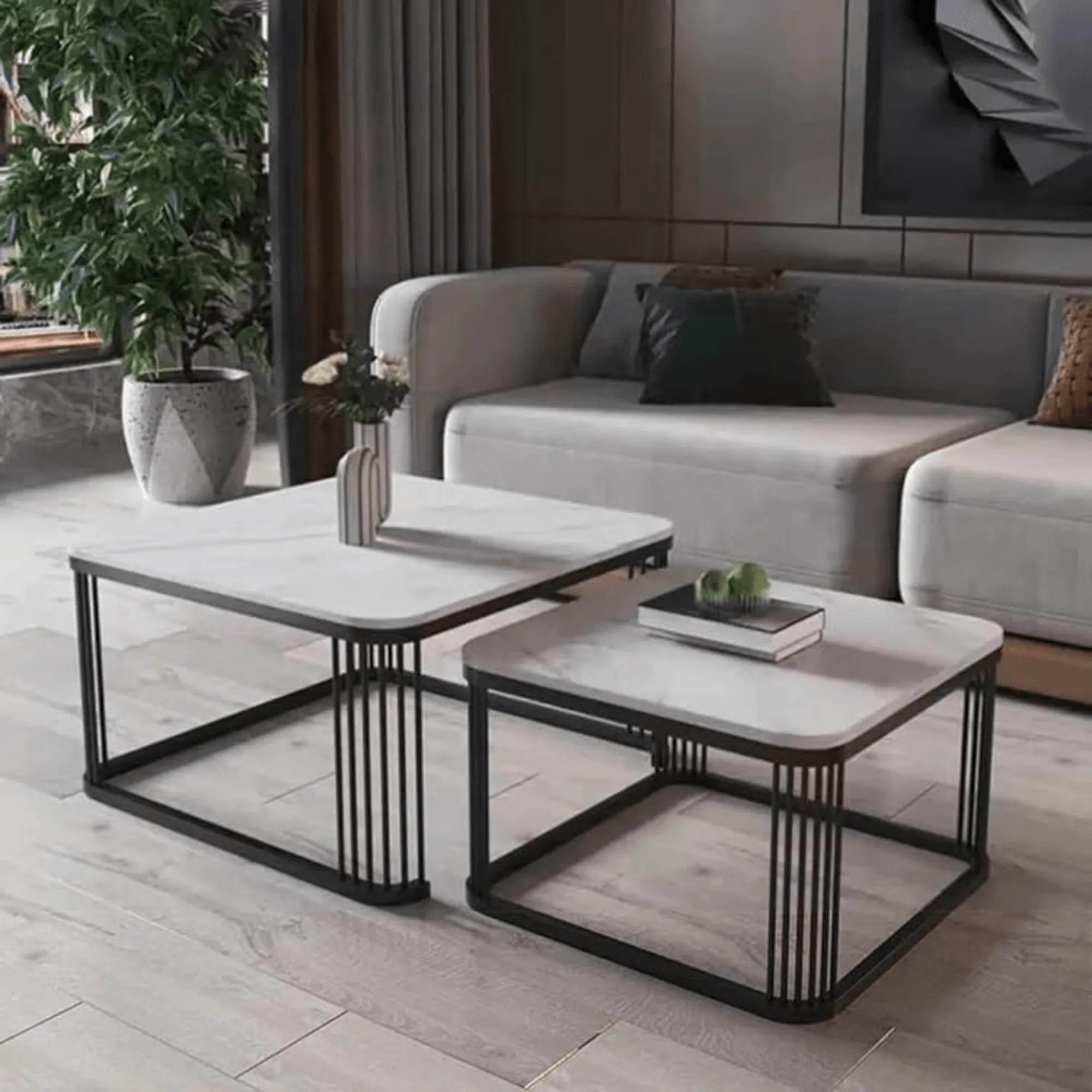 Wooden Twist Stylish Look Square Wrought Iron Coffee Table ( Set of 2 )